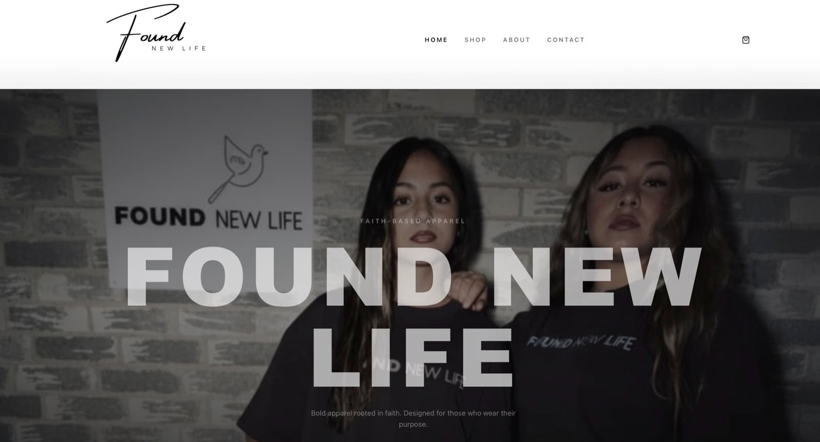 Found New Life homepage with a large FOUND NEW LIFE headline over a photo of two people in faith-based apparel.