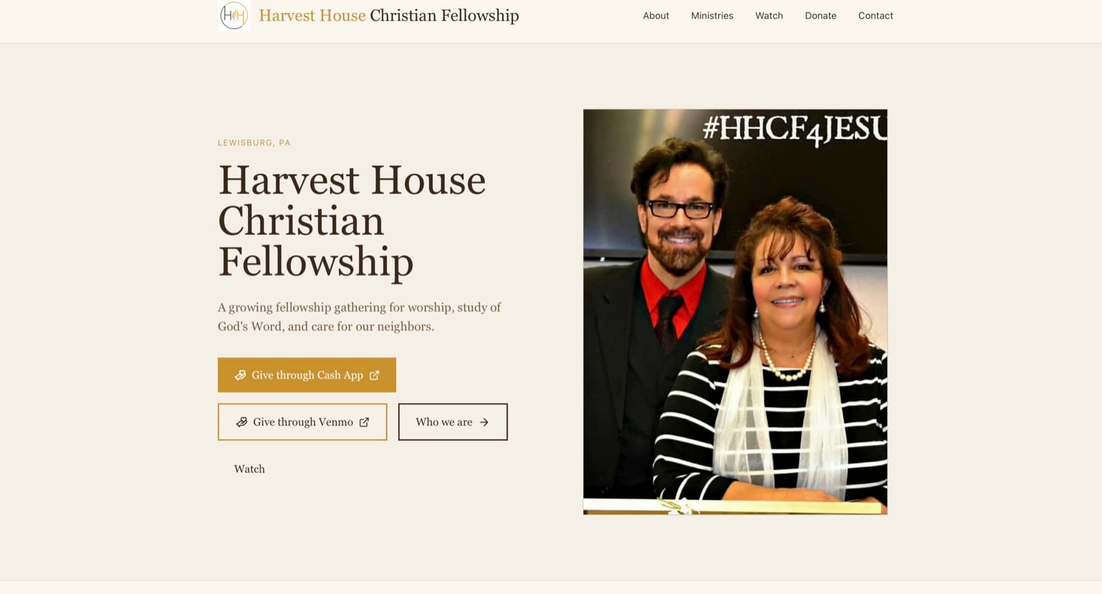 Harvest House Christian Fellowship homepage with the church name, a welcome message, and giving options.