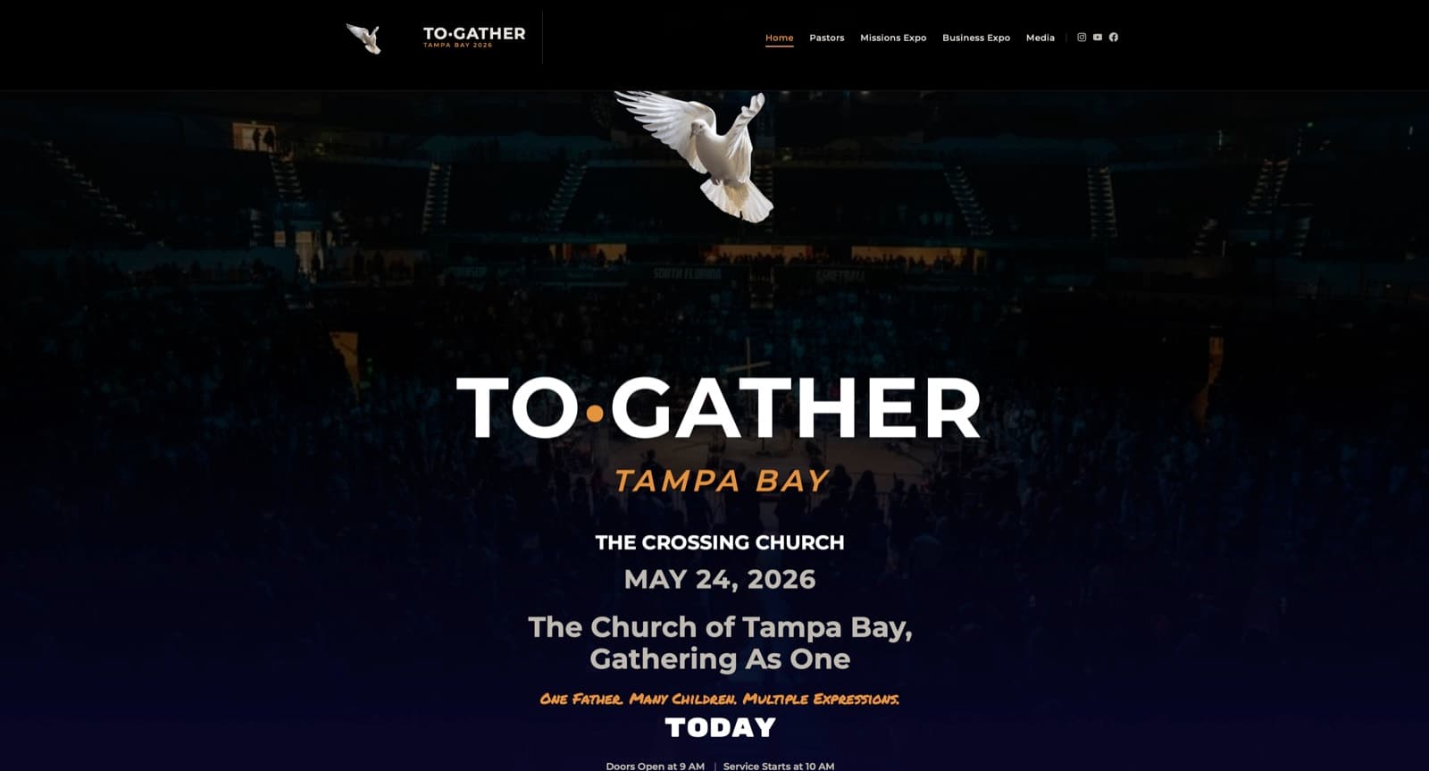 To·Gather Tampa Bay homepage with a dove over an arena crowd and the event date and theme.