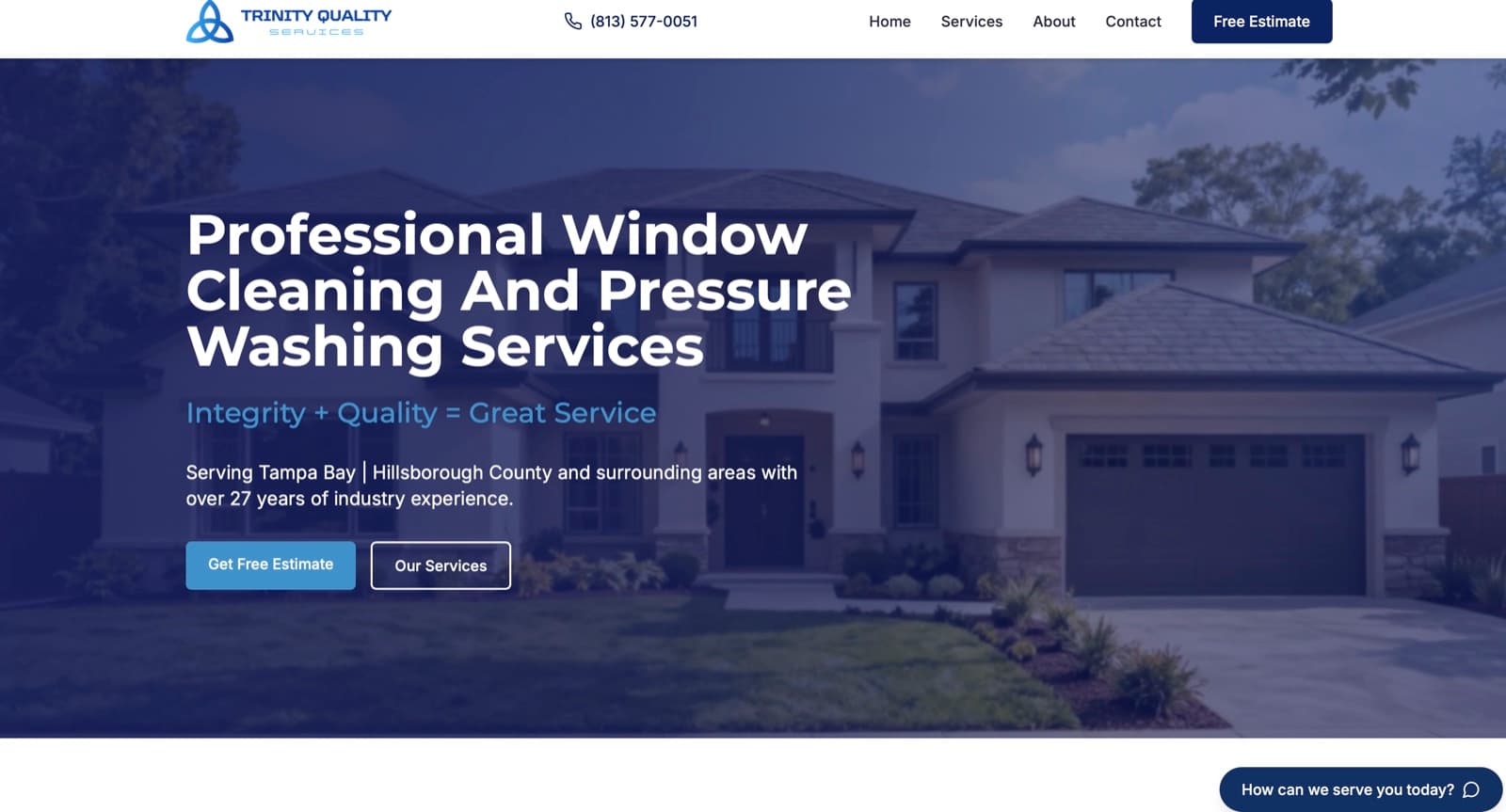 Trinity Quality Services homepage with a hero photo of a house and the headline Professional Window Cleaning and Pressure Washing Services.